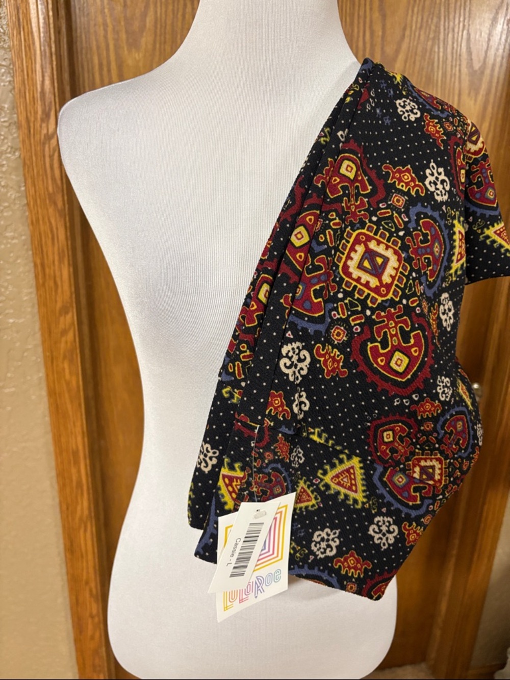 LuLaRoe Midi Skirt in Black with Red, Yellow & Blue Paisley Print